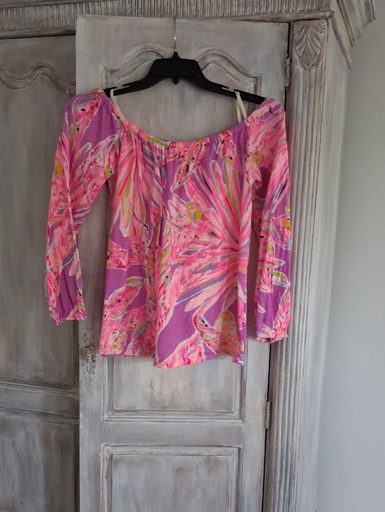 Lilly Pulitzer Tops - Lilly Pulitzer Pink & Purple Abstract Floral Off-Shoulder Top